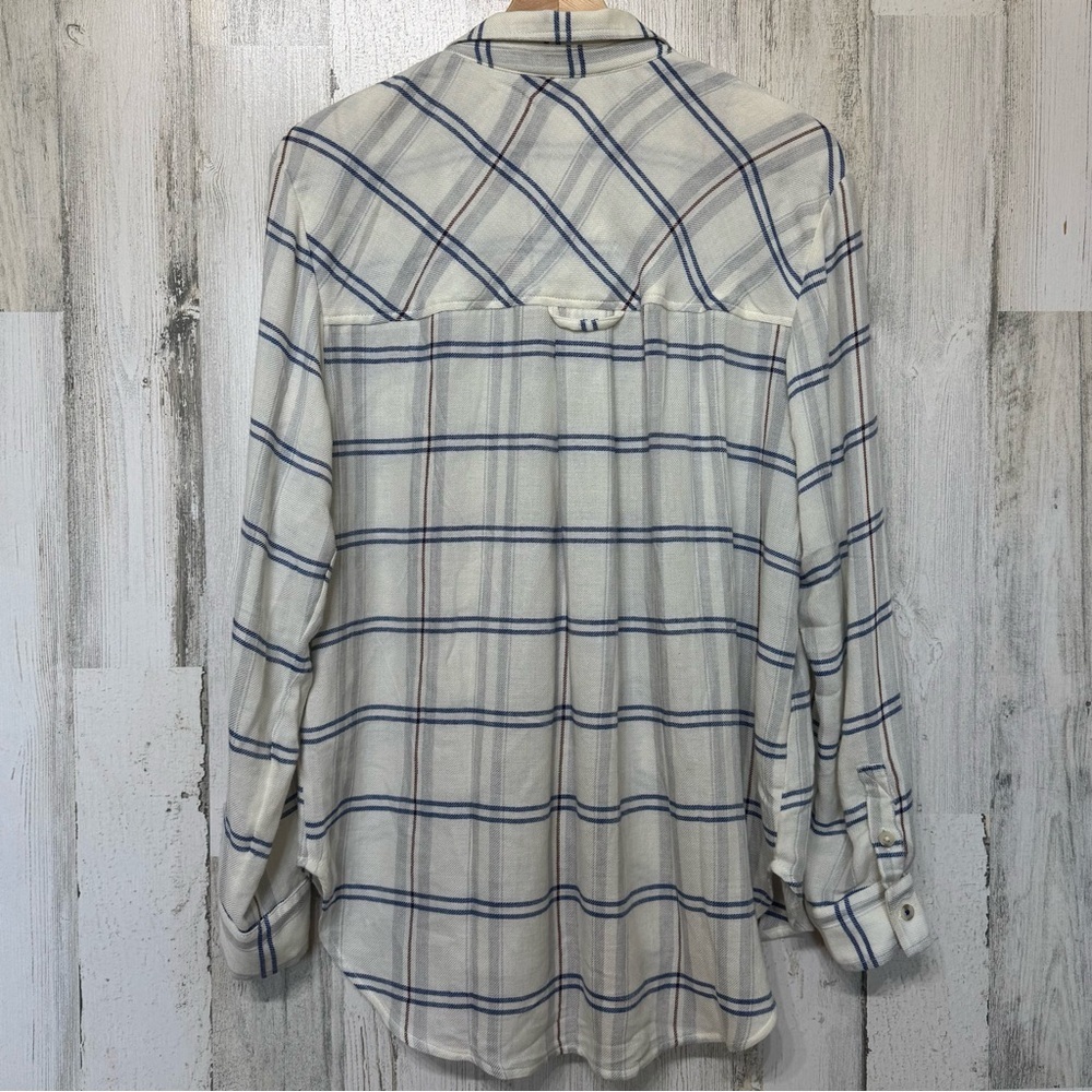 Anthropologie Pilcro Cream Blue Plaid Ruffle Front Button Down Shirt Size M - Picture 6 of 10